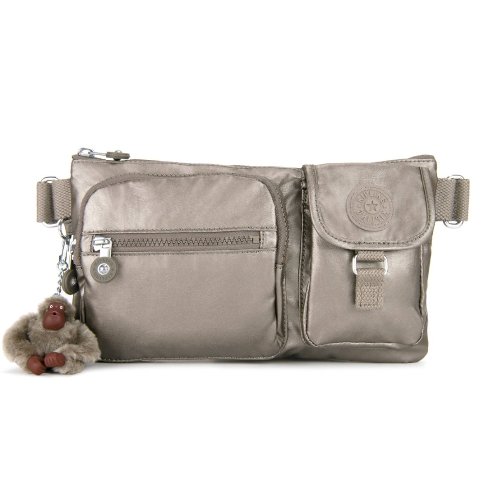 Kipling Metallic Taupe Nylon Crossbody Waist Bag with Monkey Key Charm